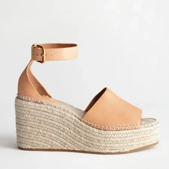 & Other Stories Beige Tan Leather Open Toe Platform Wedge Espadrille Sandals - Picture 2 of 13